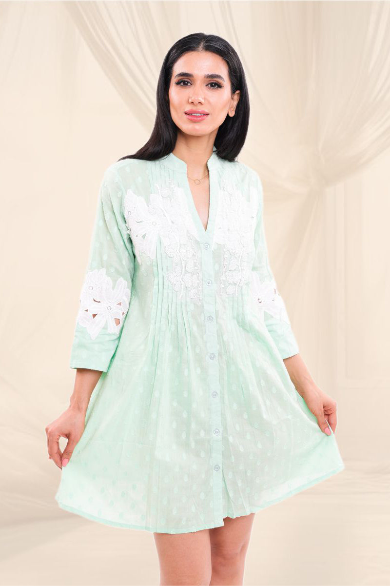 Sage Blossom Embroidered Shirt Dress