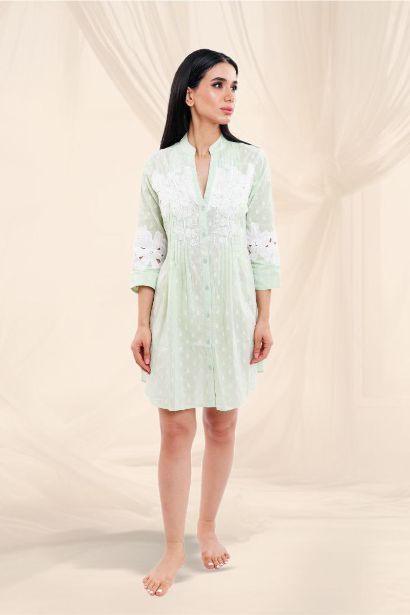 Sage Blossom Embroidered Shirt Dress