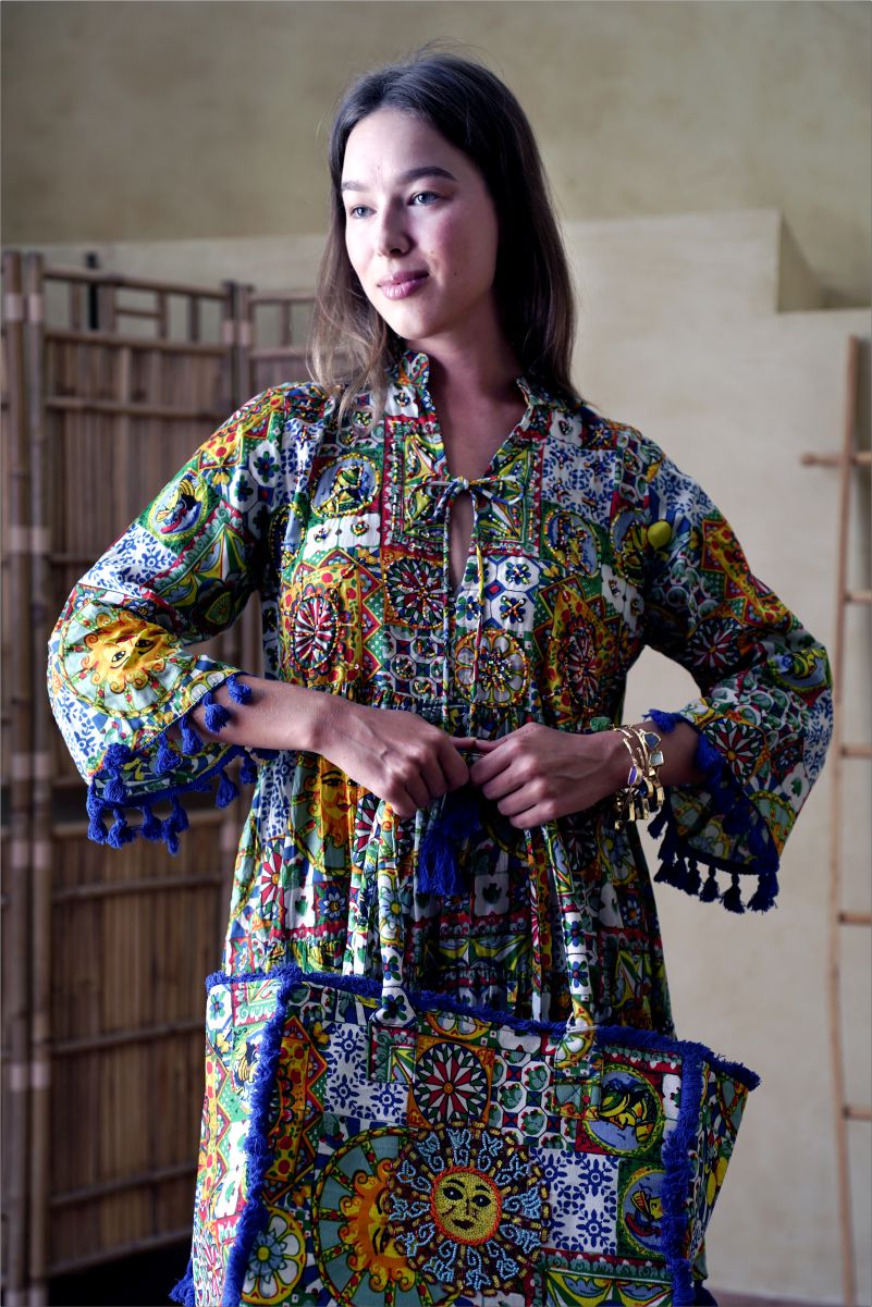 Aurora Tassel-Trim Dress with Tote Bag