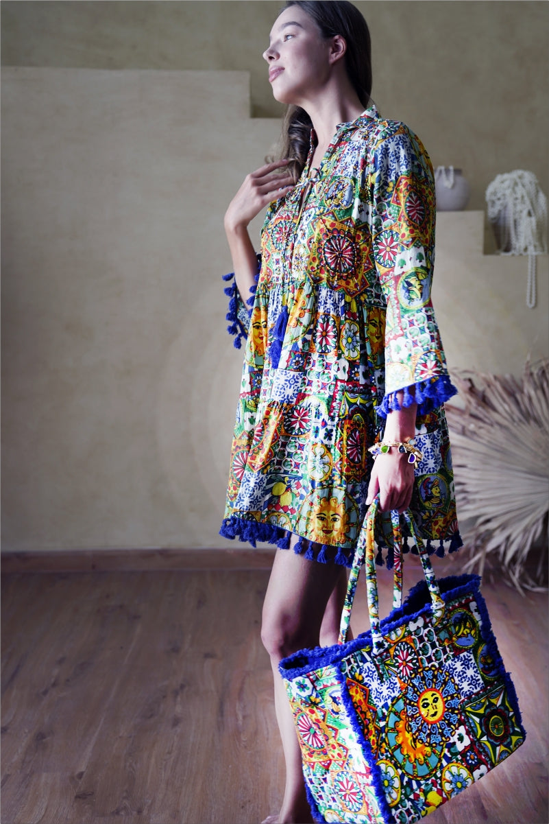 Aurora Tassel-Trim Dress with Tote Bag