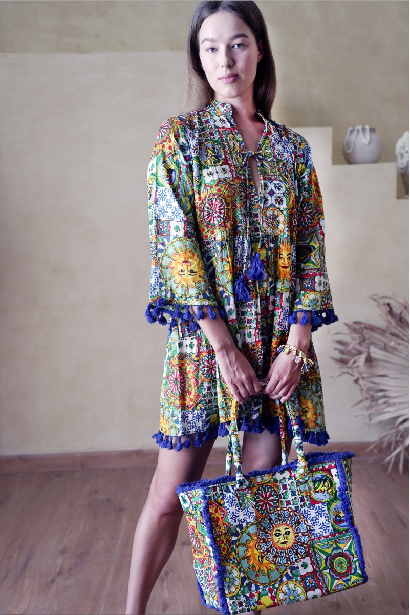 Aurora Tassel-Trim Dress with Tote Bag