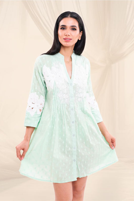 Sage Blossom Embroidered Shirt Dress