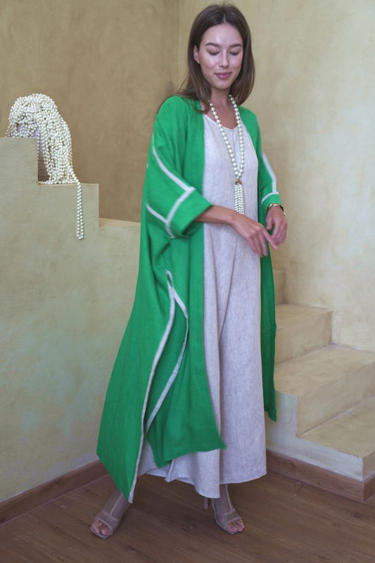 Emerald Green Flowing Abaya with Linen Jumpsuit Set