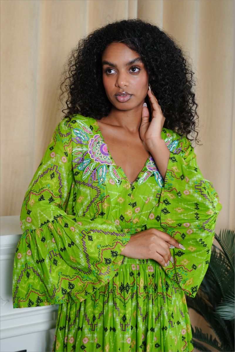 Emerald Oasis Embroidered Maxi Dress