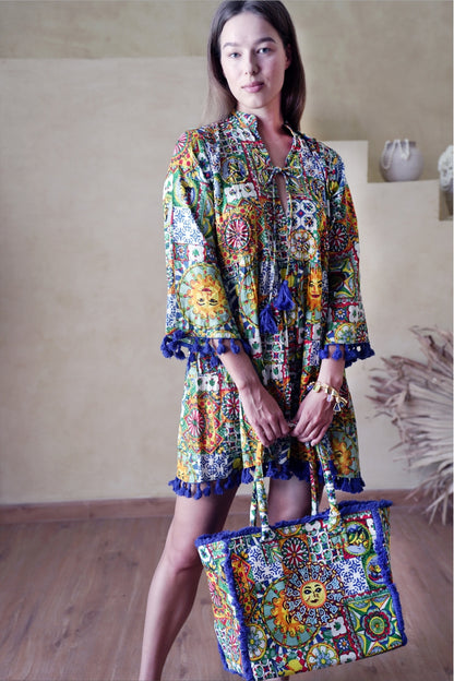 Aurora Tassel-Trim Dress with Tote Bag