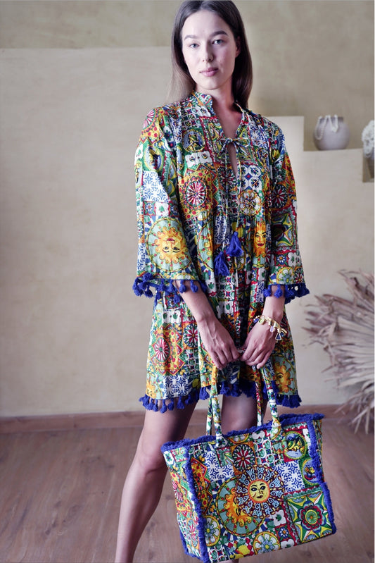 Aurora Tassel-Trim Dress with Tote Bag