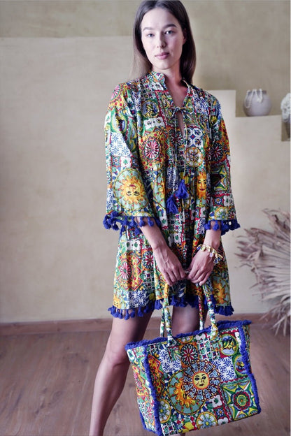 Aurora Tassel - Trim Dress with Tote Bag - Sjon