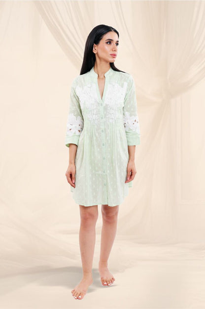 Sage Blossom Embroidered Shirt Dress - Sjon